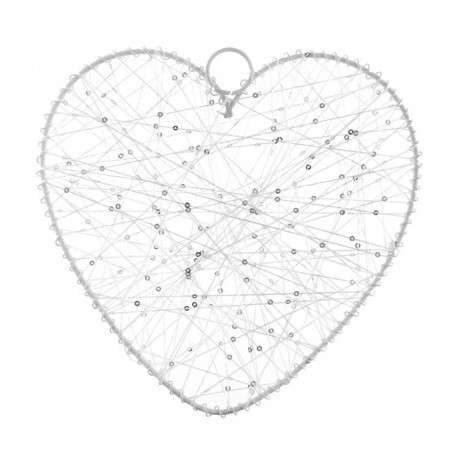 Grand cœur en fil blanc contour en métal 25 cm