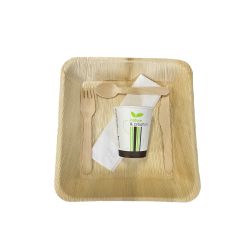 25 assiettes palmier 50 gobelets 18cl 25 kits couverts bois et serviette