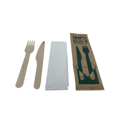 Set Couverts en Bois-3 en 1 Fourchette, Couteau, Serviette 500P