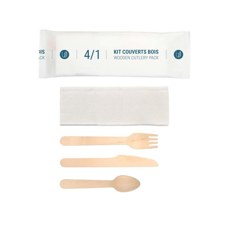 Kit couvert bois 4 en 1: couteau, fourchette, cuillère à dessert et  serviette blanche