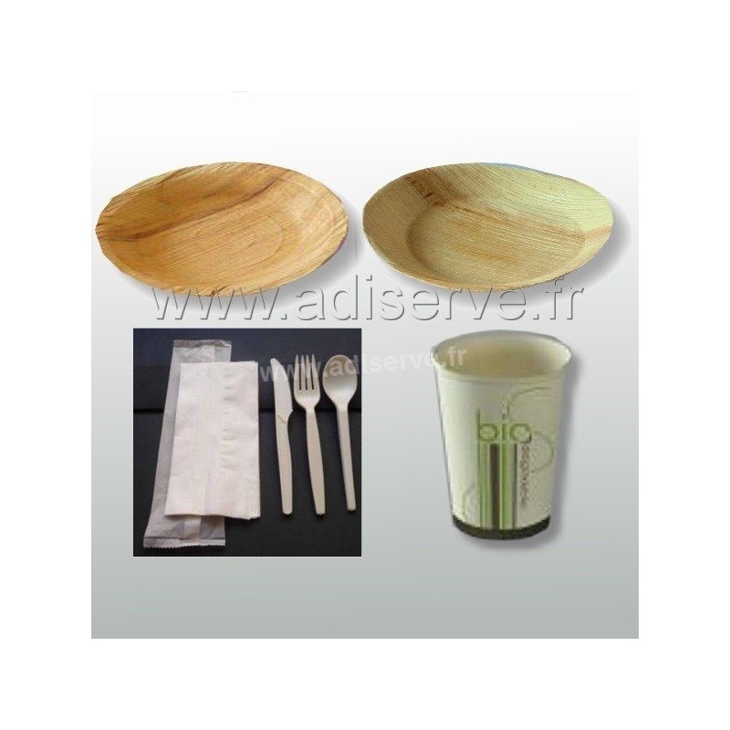 Pack complet vaisselle écologique palmier avec assiettes, verres, couverts, serviettes biodégradables et compostables - 25 personnes